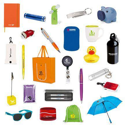 Promotional items including bags, pens, umbrellas, flashlights, and giveaways